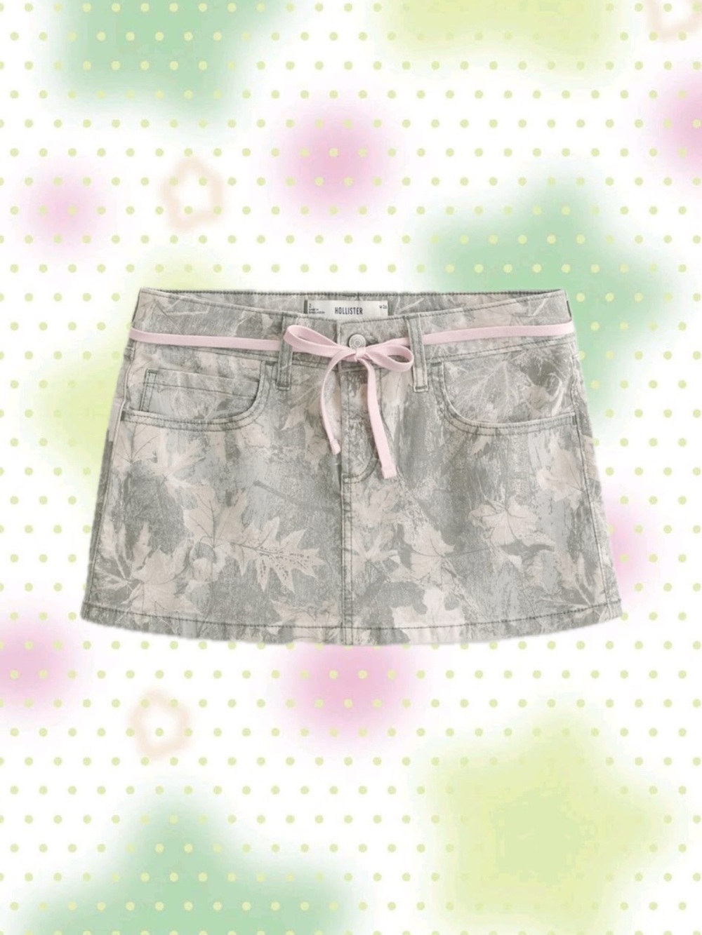 Hollister Gray Floral Denim Mini Skirt with Pink Waist Tie